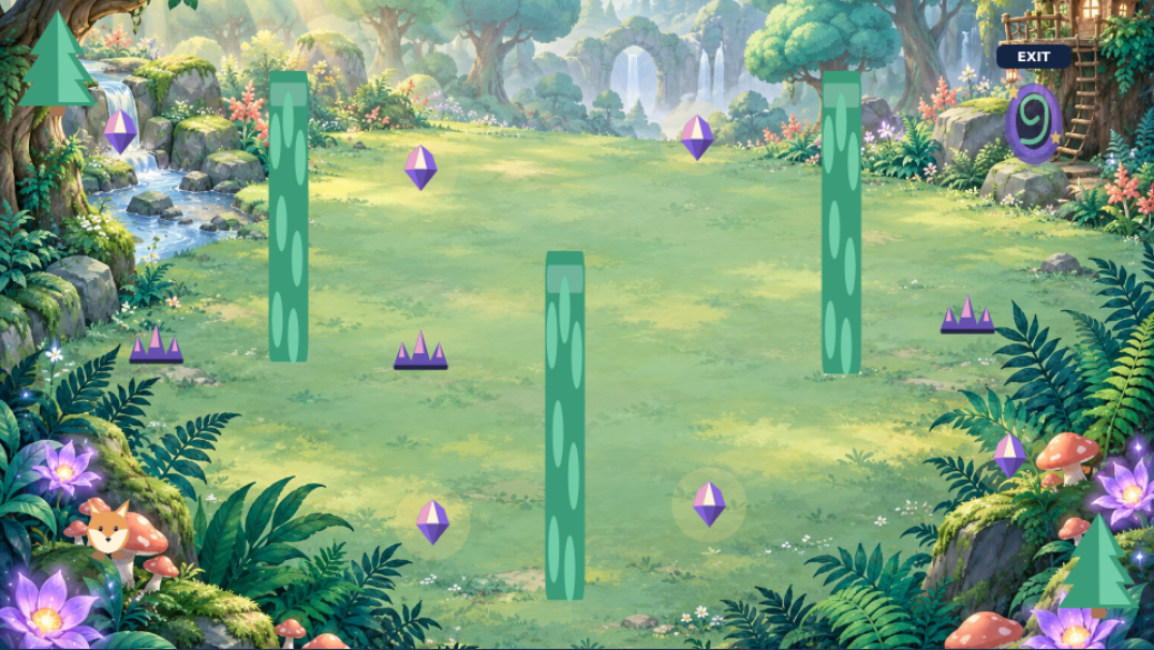 Actual Firefly Forest game: a fox navigating hedges, crystals and spikes
